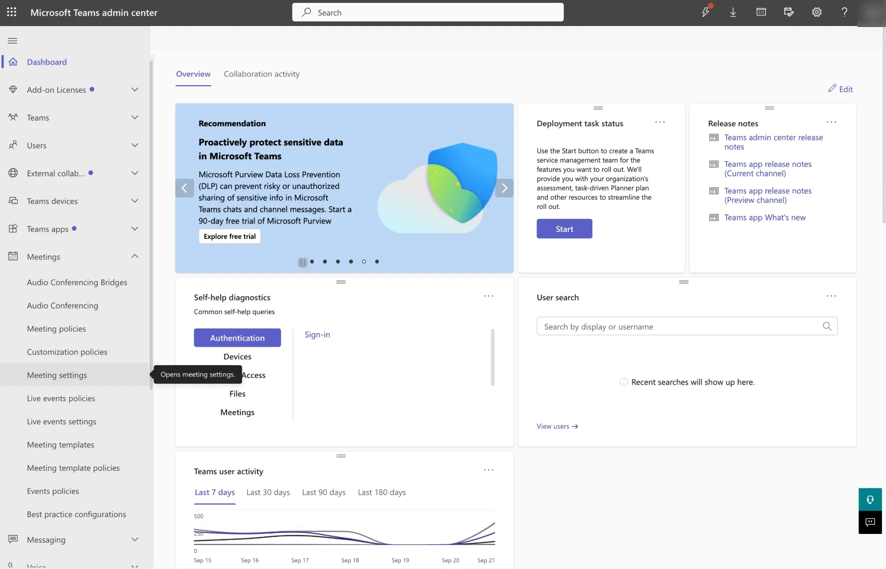 Teams admin center dashboard