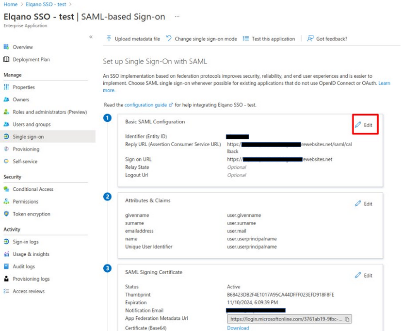 Edit SAML parameters