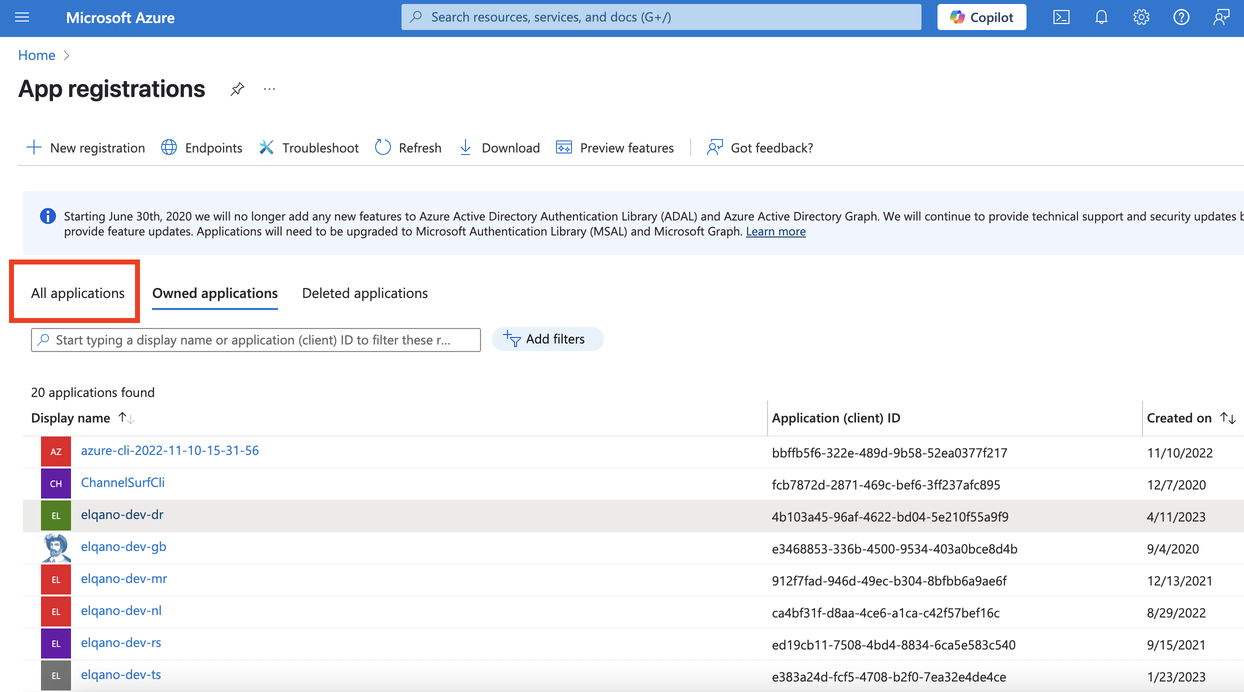Azure Portal Applications page - All applications